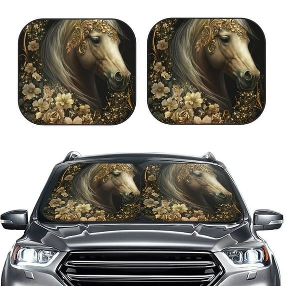 Kdxio Palatial Gold Pattern Horse Print 2-Piece Sun Shade Front Windshield - Foldable Car Front Window Sunshades for Most Sedans SUV Truck