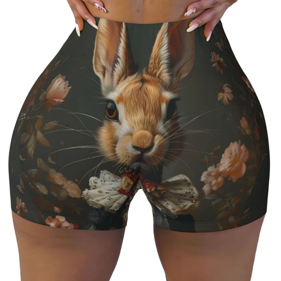 Kdxio Palatial Style Flower Rabbit Print Workout Shorts for Women Seamless Soft Smooth Gym Yoga Scrunch Active Shorts