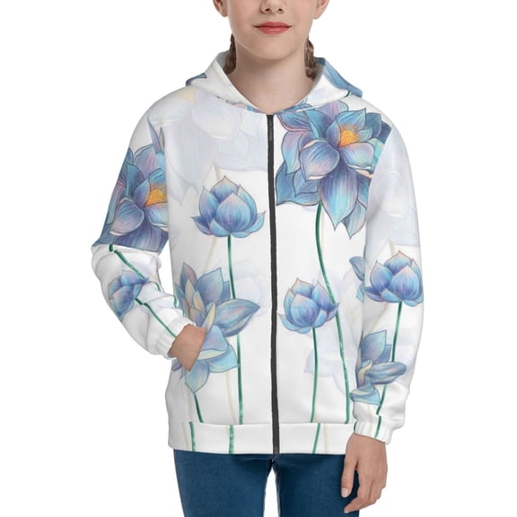 Kdxio Pale Blue Lotus Flowers Pattern Kids Boys Girls Zip Up Hoodie 3D Printed Hooded Sweatshirt Hoody Coat with Pocket 7-12 Y-Small