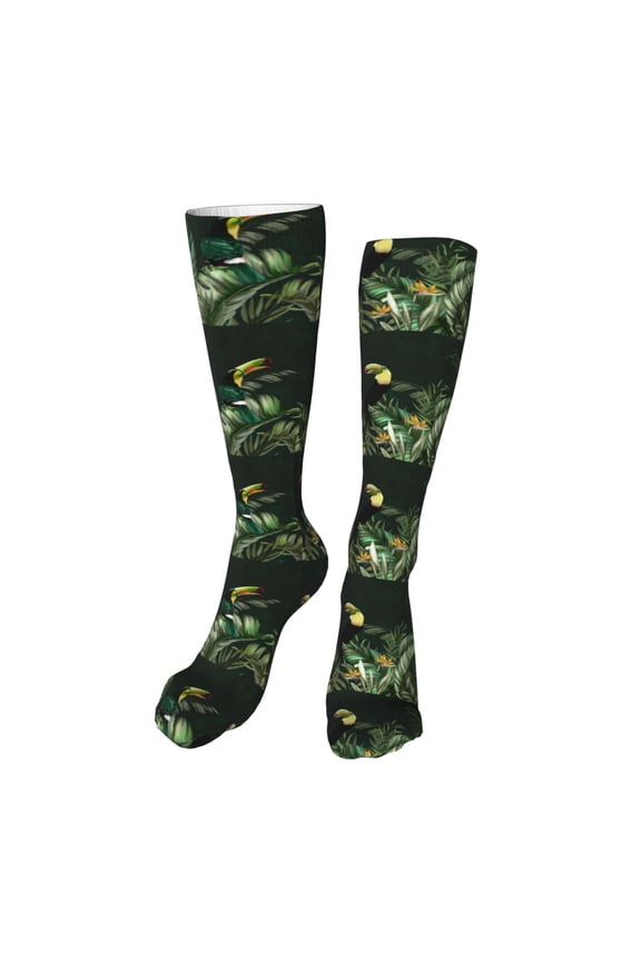 Palm Leaves And Exotic Birds Funny Silky Novelty Funky Long Knee High Socks Soft 3D Print Cosplay Crazy Stockings for Men Women