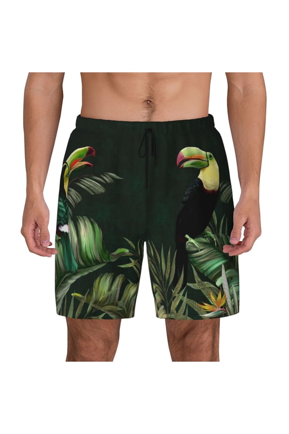 Palm Leaves And Exotic Birds Print Men's Swim Trunks with Compression Liner 7 Inch Inseam Quick Dry Swim Shorts