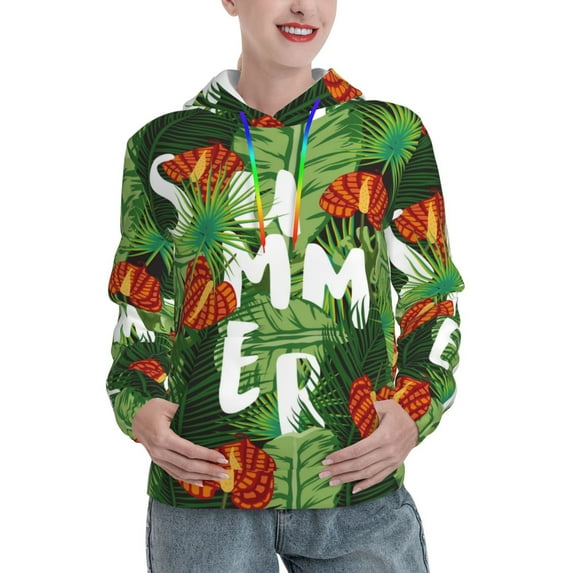 Kdxio Palm Leaves And Tropical Flowers Print Womens Oversized Hoodies Sweatshirts Hooded Pullover Tops Sweaters Casual-X-Large