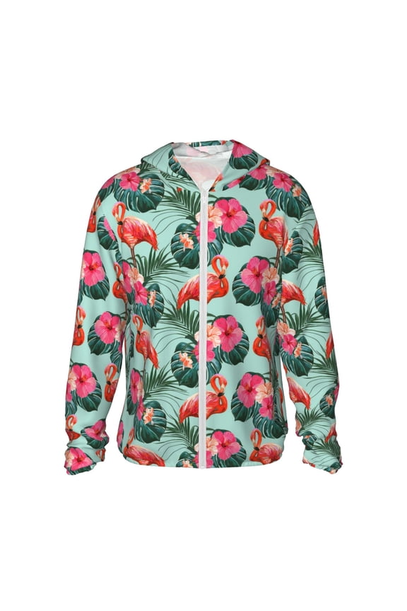 Palm Leaves Flamingo Print Women Men Sun Protection UPF 50+ Jackets Zip Up Long Sleeve Hoodie Hiking Lightweight with Pockets