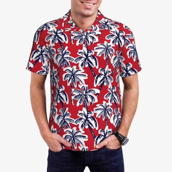 Kdxio Palm Tree Pattern on Red Print Men's Short Sleeve Polo Shirt,Midweight Men's Shirt