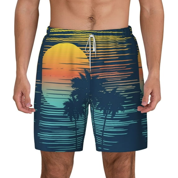 Kdxio Palm Trees Print Men'S Swim Trunks With Compression Liner 7 Inch Inseam Quick Dry Swim Shorts