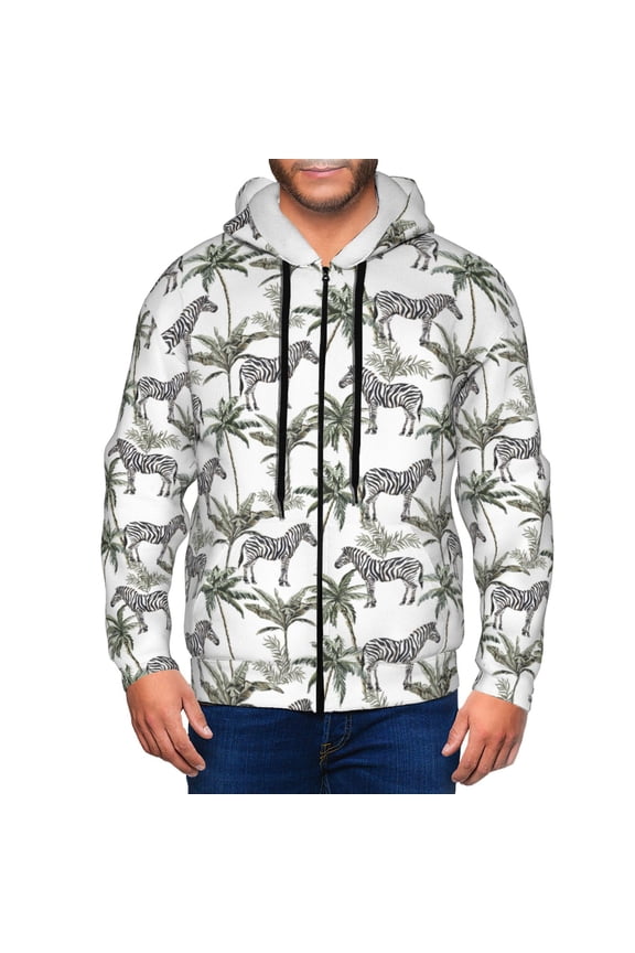 Palm Trees Zebra Print Men Hoodies Casual Hoodies for Men with Zip Pockets Full Zip Long Sleeve Sweatshirt Sports Hooded Jacket-Medium