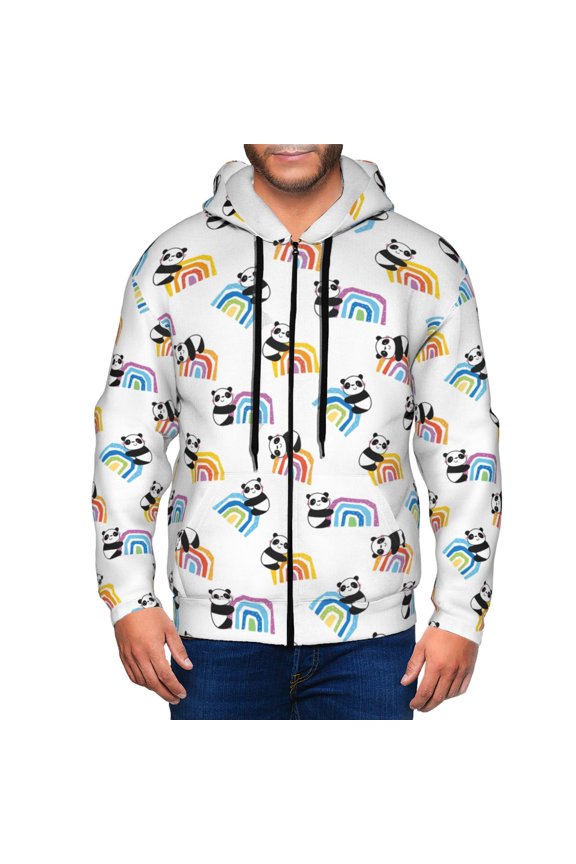 Panda And Rainbow Print Men Hoodies Casual Hoodies for Men with Zip Pockets Full Zip Long Sleeve Sweatshirt Sports Hooded Jacket-Large