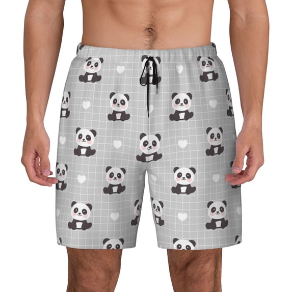 Kdxio Panda Bear Print Men's Swim Trunks with Compression Liner 7 Inch Inseam Quick Dry Swim Shorts