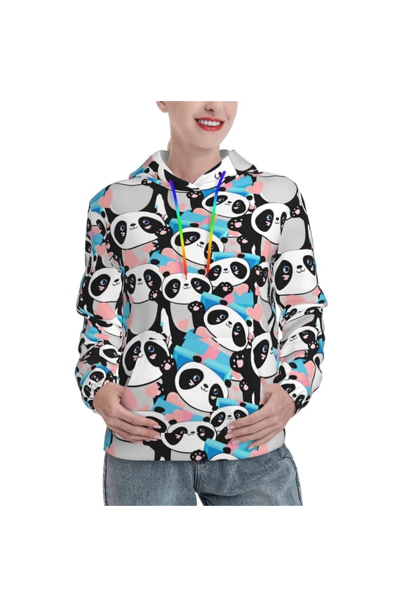 Panda Cute Hearts Print Womens Oversized Hoodies Sweatshirts Hooded Pullover Tops Sweaters Casual-Medium