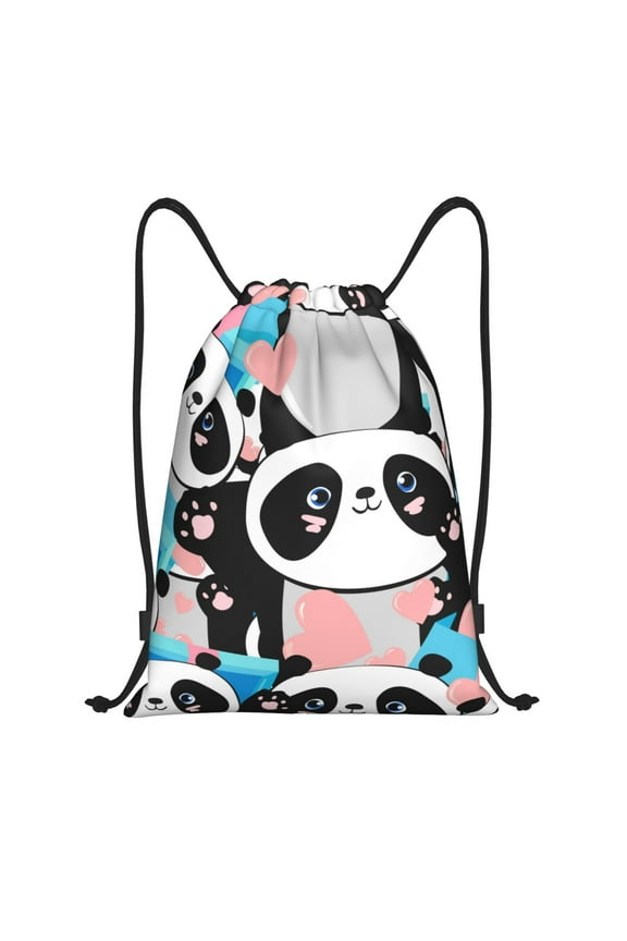 Panda Cute Pink Hearts Print Drawstring Backpack Bag,Waterproof Draw String Back Sack, Gym Drawstring Bags Swim Bag For Unisex