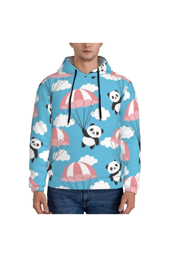 Panda Flying in the Sky Print Mens Casual Hooded Collar Drawstring Hoodies Pullover Sweatshirts Casual Long Sleeve Shirts-Medium
