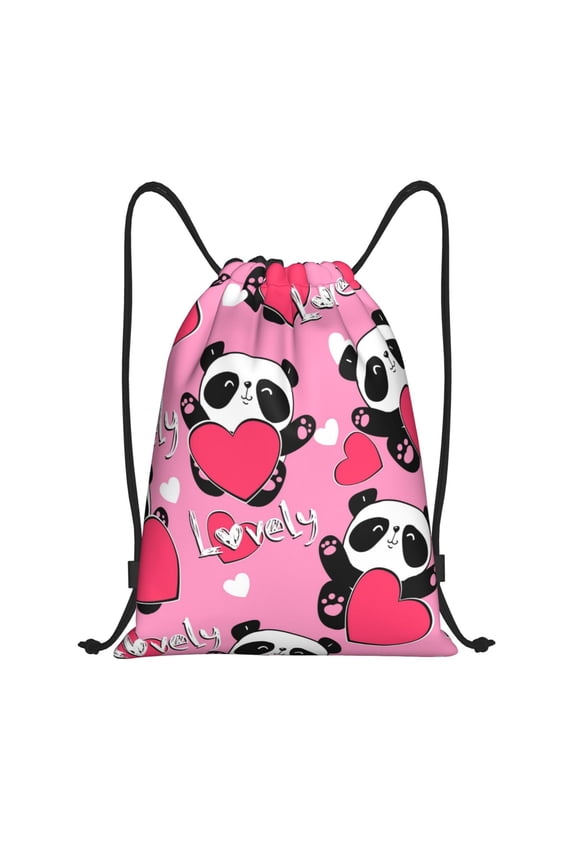 Panda Heart Valentine Pink Print Drawstring Backpack Bag,Waterproof Draw String Back Sack, Gym Drawstring Bags Swim Bag For Unisex
