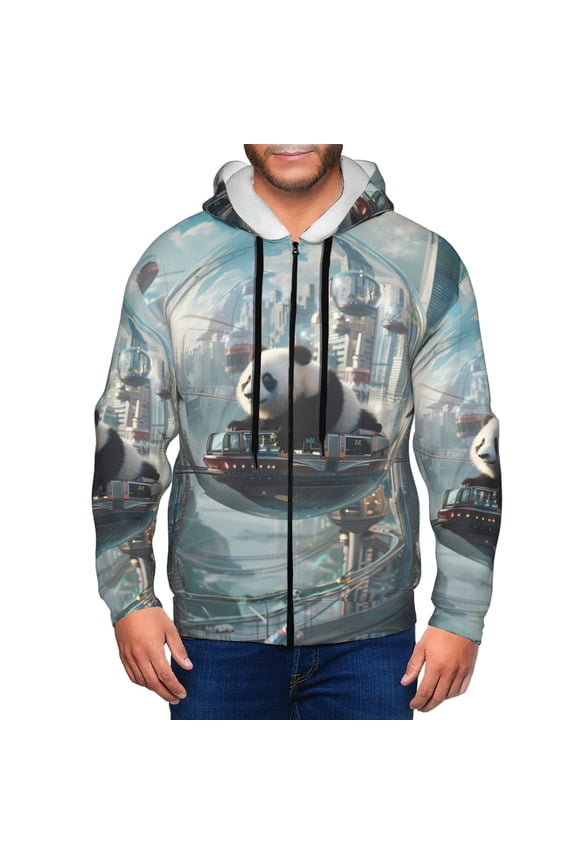 Panda In Futuristic City Print Men Hoodies Casual Hoodies for Men with Zip Pockets Full Zip Long Sleeve Sweatshirt Sports Hooded Jacket-XX-Large