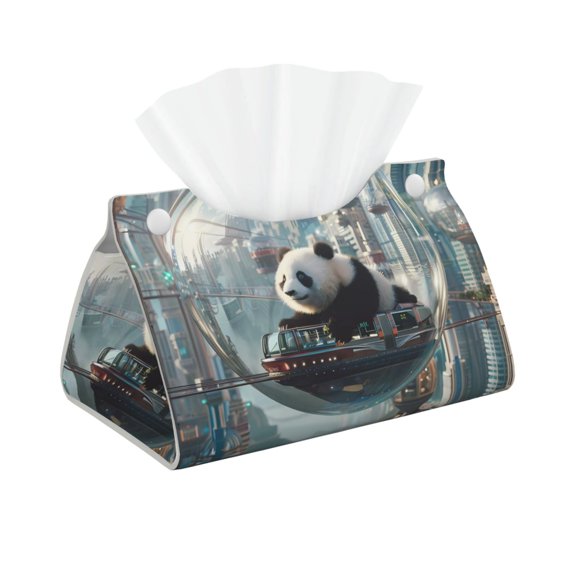 Kdxio Panda In Futuristic City Print Tissue Box Cover,Modern PU Leather Rectangular Tissue Box Holder for Bathroom Living Room Bedroom Office Desk Car Home
