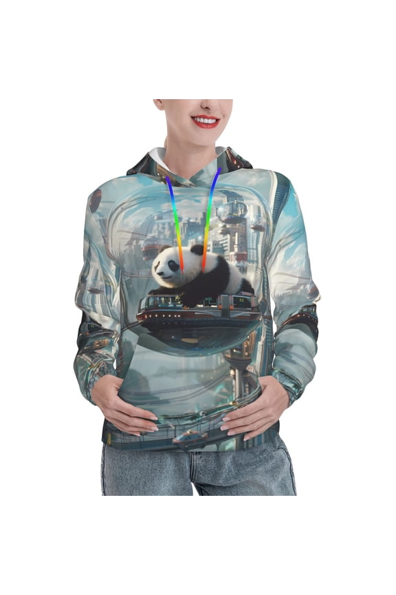 Panda In Futuristic City Print Womens Oversized Hoodies Sweatshirts Hooded Pullover Tops Sweaters Casual-Medium