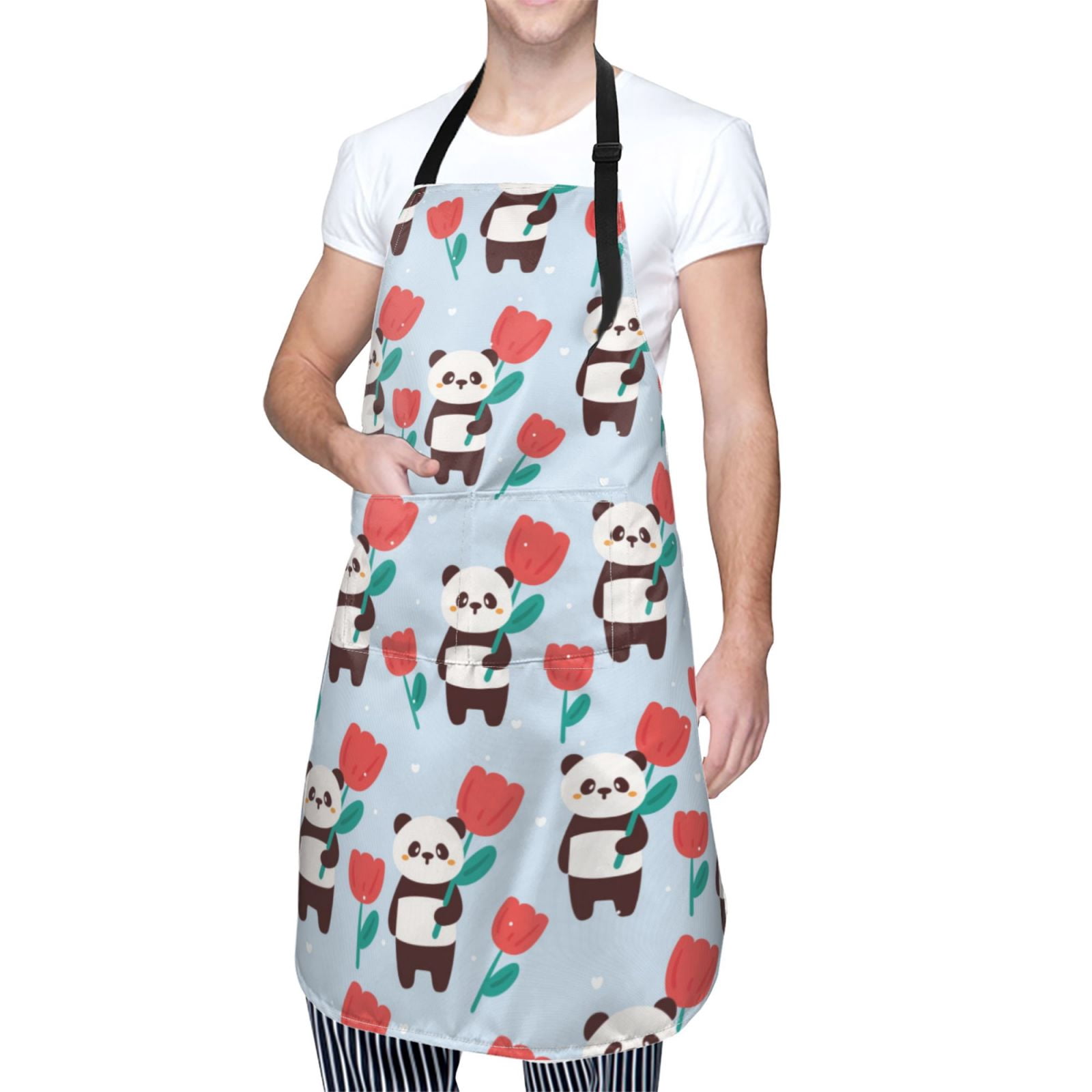 Kdxio Panda And Rose Apron with Pockets Adjustable Kitchen Aprons for Men Women Waterproof Aprons for Cooking,Drawing,Crafting, Baking Household Cleaning