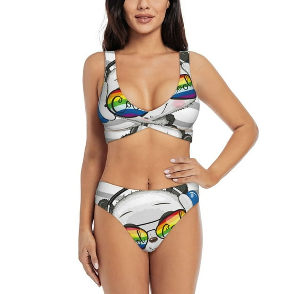 Kdxio Panda with Sun glasses Print Women's 2 Piece High Waisted Wrap Spaghetti Strap Summer Swimsuit Bikini Set-X-Large