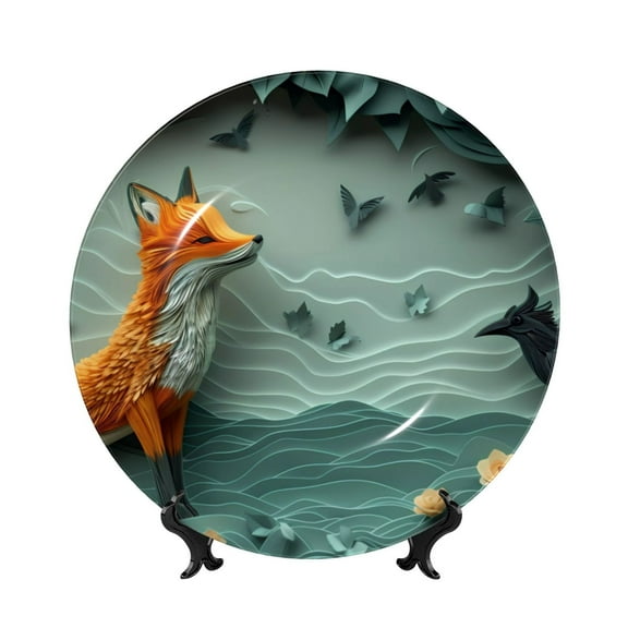 Kdxio Paper Fox Crow Fantasy Bone China Decorative Plate Ceramic Decorative Plate for Home Office Wall Stand Decorative Plates for Home Bedroom-8in