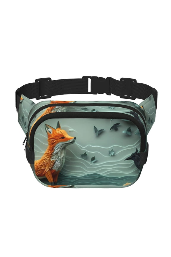 Paper Fox Crow Fantasy Crossbody Double Layer Waist Bag Belt Bag for Unisex Fanny Pack Fashion Waist Packs for Hiking Running Shopping Traveling