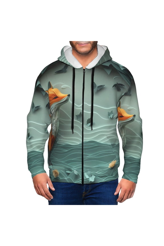 Paper Fox Crow Fantasy Print Men Hoodies Casual Hoodies for Men with Zip Pockets Full Zip Long Sleeve Sweatshirt Sports Hooded Jacket-X-Large