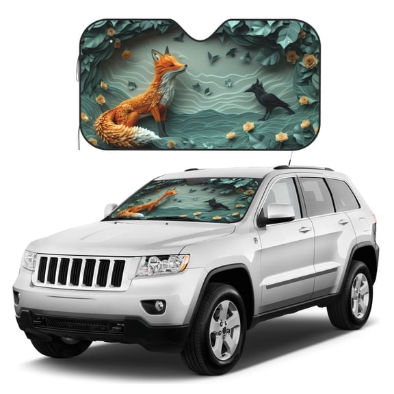 Kdxio Paper Fox Crow Fantasy Print Windshield Sun Shade, Foldable Sun Blocker for Car,Truck,SUV Automotive Interior Sun Protection,Reflective Shade for Front Windshield(Medium)