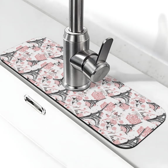 Kdxio Paris Pattern Non-Slip Diatom Mud Faucet Drain Pad,Self Absorbent Mat for Kitchen Sink for Variety Kitchen & Bathroom Countertops