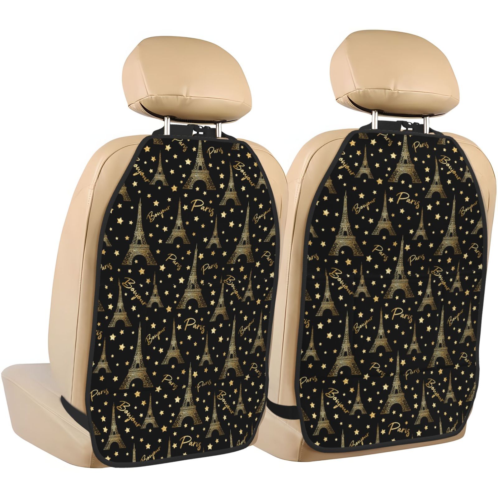 Kdxio Paris Romantic Print 2 Pack Car Kick Mat Seat Cover Back Protector Mat with Pockets for Organizer Backseat Protector and Storage Anti Kick Pad for Vehicles
