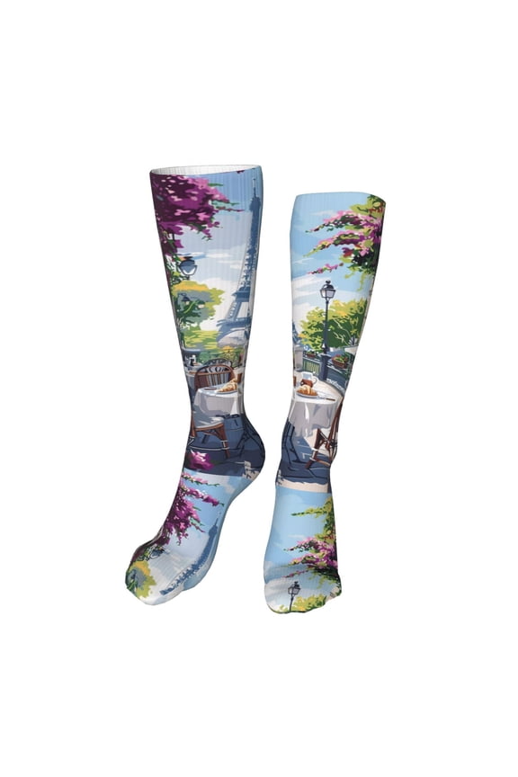 Parisian Cafe With Eiffel Funny Silky Novelty Funky Long Knee High Socks Soft 3D Print Cosplay Crazy Stockings for Men Women