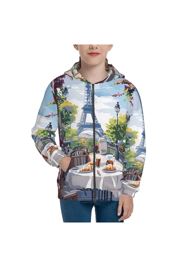 Parisian Cafe With Eiffel Pattern Kids Boys Girls Zip Up Hoodie 3D Printed Hooded Sweatshirt Hoody Coat with Pocket 7-12 Y-Medium