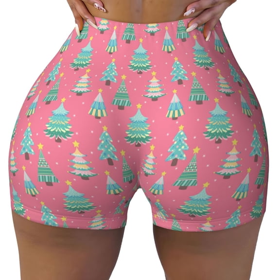 Kdxio Pastel Christmas Trees on Pink Print Workout Shorts for Women Seamless Soft Smooth Gym Yoga Scrunch Active Shorts