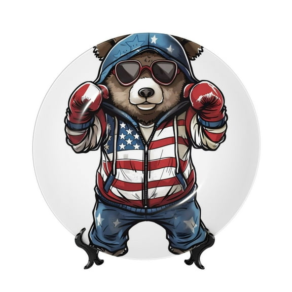 Kdxio Patriotic Boxing Bear Art Bone China Decorative Plate Ceramic Decorative Plate for Home Office Wall Stand Decorative Plates for Home Bedroom-6in