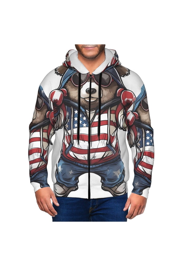 Patriotic Boxing Bear Art Print Men Hoodies Casual Hoodies for Men with Zip Pockets Full Zip Long Sleeve Sweatshirt Sports Hooded Jacket-XX-Large