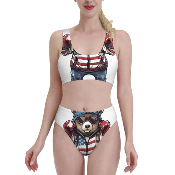 Kdxio Patriotic Boxing Bear Art for Womens High Waisted Bikini Top Sports Style Two Piece Bathing Suits