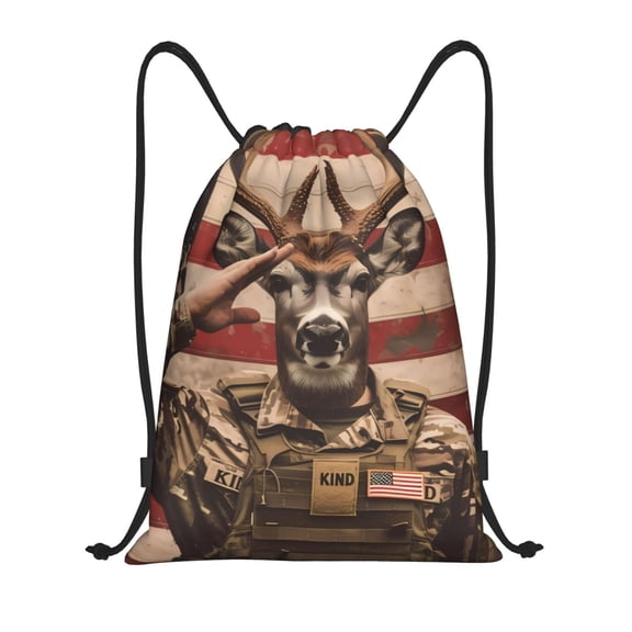 Kdxio Patriotic Deer Soldier Salute Print Drawstring Backpack Bag,Waterproof Draw String Back Sack, Gym Drawstring Bags Swim Bag For Unisex