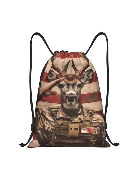 Patriotic Deer Soldier Salute Print Drawstring Backpack Bag,Waterproof Draw String Back Sack, Gym Drawstring Bags Swim Bag For Unisex
