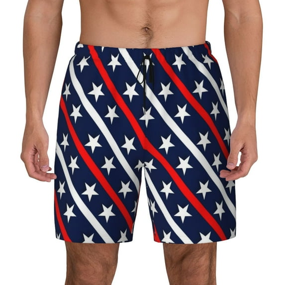 Kdxio Patriotic Star Pattern Print Men'S Swim Trunks With Compression Liner 7 Inch Inseam Quick Dry Swim Shorts