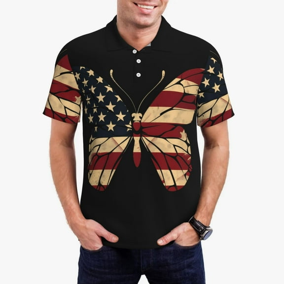 Kdxio Patriotic USA Butterfly Art Print Men's Short Sleeve Polo Shirt,Midweight Men's Shirt-Medium