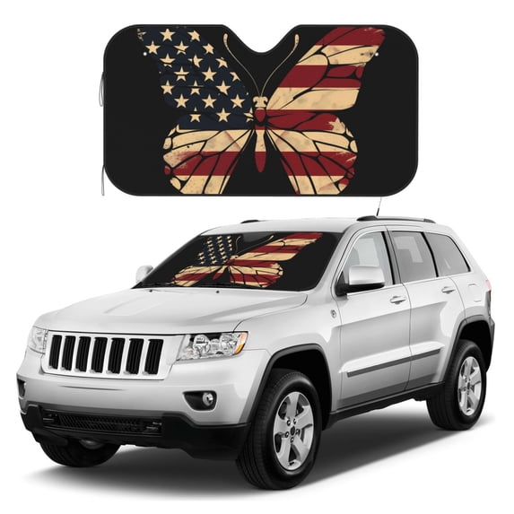 Kdxio Patriotic USA Butterfly Art Print Windshield Sun Shade, Foldable Sun Blocker for Car,Truck,SUV Automotive Interior Sun Protection,Reflective Shade for Front Windshield(Small)