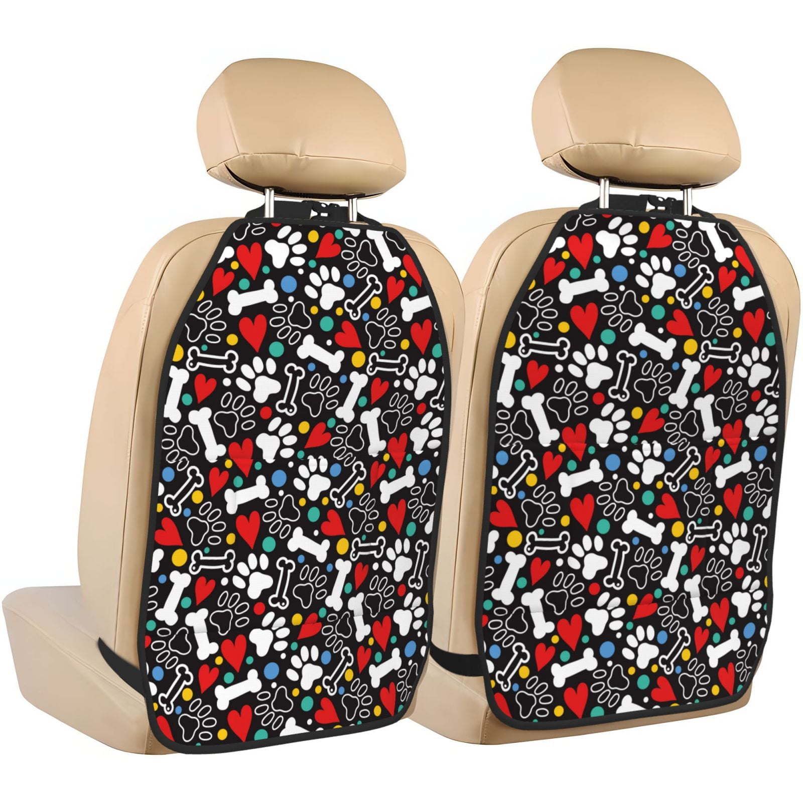Kdxio Paw And Bones Print 2 Pack Car Kick Mat Seat Cover Back Protector Mat with Pockets for Organizer Backseat Protector and Storage Anti Kick Pad for Vehicles