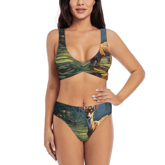 Kdxio Peaceful Deer Lily Pond Print Women's 2 Piece High Waisted Wrap Spaghetti Strap Summer Swimsuit Bikini Set-Large