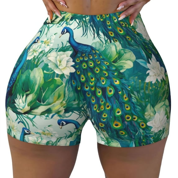 Kdxio Peacock And Flowers Print Workout Shorts for Women Seamless Soft Smooth Gym Yoga Scrunch Active Shorts