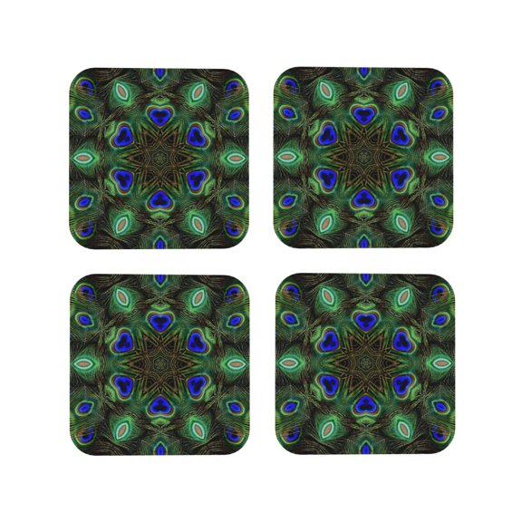 Kdxio Peacock Feathers Funny Coasters,4 Pcs Leather Coasters,Housewarming Gifts,Protect Furniture from Water Marks Scratch and Damage