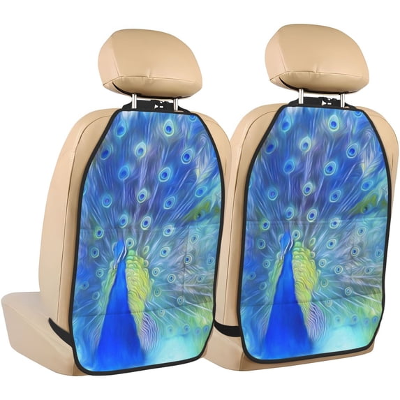 Kdxio Peacock Print 2 Pack Car Kick Mat Seat Cover Back Protector Mat with Pockets for Organizer Backseat Protector and Storage Anti Kick Pad for Vehicles