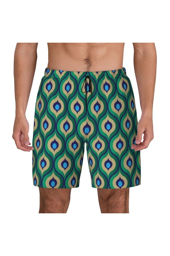Peacock'S Tail Print Men's Swim Trunks with Compression Liner 7 Inch Inseam Quick Dry Swim Shorts