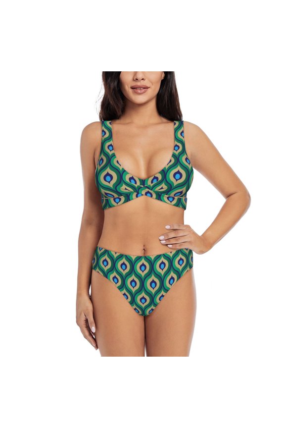 Peacock'S Tail Print Women's 2 Piece High Waisted Wrap Spaghetti Strap Summer Swimsuit Bikini Set-Medium