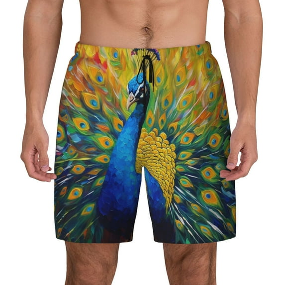 Kdxio Peacocks Print Men's Swim Trunks with Compression Liner 7 Inch Inseam Quick Dry Swim Shorts