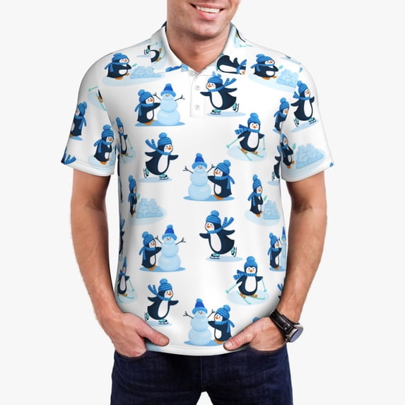 Kdxio Penguin Winter Fun Print Men's Short Sleeve Polo Shirt,Midweight Men's Shirt-Small