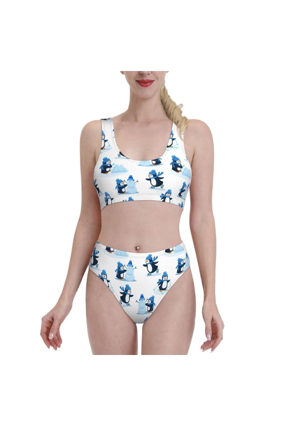 Penguin Winter Fun for Womens High Waisted Bikini Top Sports Style Two Piece Bathing Suits