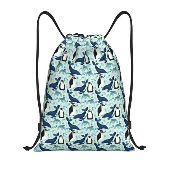 Kdxio Penguins Dolphins Whales Print Drawstring Backpack Bag,Waterproof Draw String Back Sack, Gym Drawstring Bags Swim Bag For Unisex