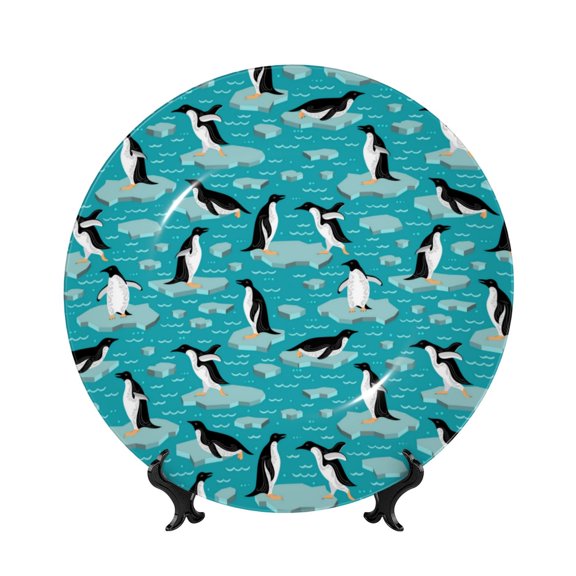 Kdxio Penguins On The Ice In The Sea Bone China Decorative Plate Ceramic Decorative Plate for Home Office Wall Stand Decorative Plates for Home Bedroom-8in